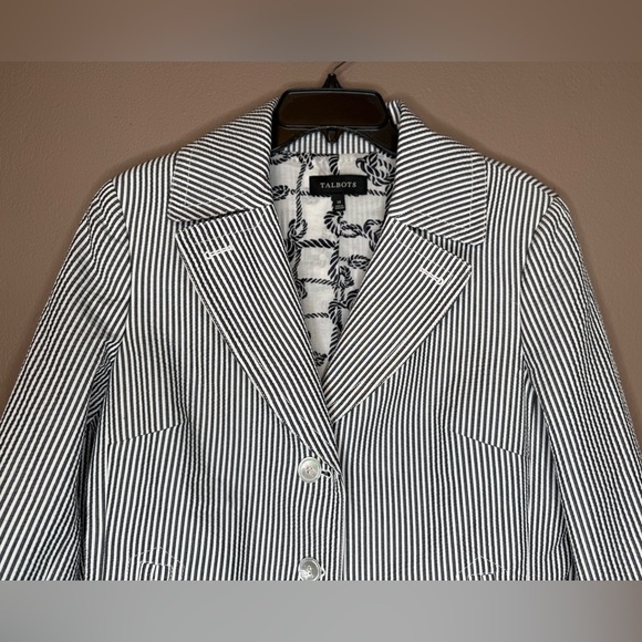 Talbots Women's Seersucker Cotton Blazer Jacket Size 14 Notch Lapel Striped - Picture 3 of 15